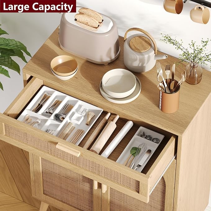 Irontar Rattan Buffet Sideboard Cabinet with Storage, Coffee Bar, Boho Credenzas with Drawer, Kitchen Storage Cabinet, Accent Cabinet with Doors for Hallway, Living Room, Dinning Room, Natural