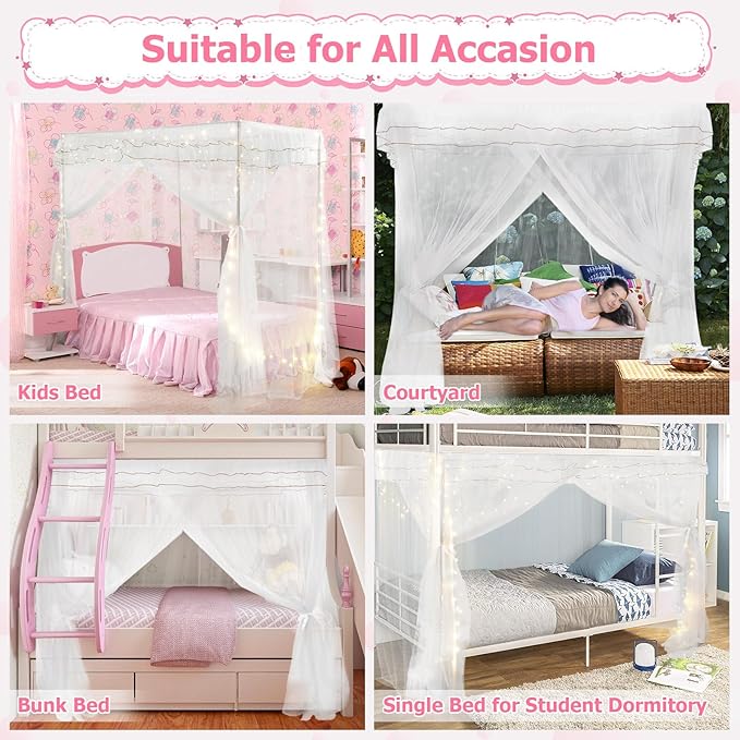 Twin Size Bed Canopy with Lights, Bed Canopy for Girls Princess with Luminous Stars, Canopy Bed Curtains for Twin Bed Kids Indoor Decor Bedroom, 4 Corner Post Bunk Bed for Student Dormitory, White