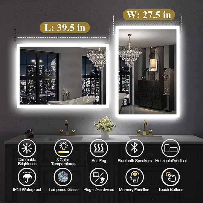 SBAGNO LED Bathroom Mirror with Lights, 40''x28'' 3D Border Bathroom Vanity Wall Mirror with Bluetooth, Anti-Fog, Stepless Dimming, 3 Colors, Tempered Glass Lighted Vanity Mirror for Bathroom
