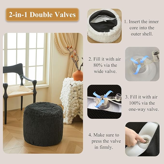 XeGe Fluffy Faux Fur Inflatable Pouf Ottoman, Cozy Shaggy Fuzzy Foot Stool, Furry Foot Rest Floor Pouf Anti-Slip, Foldable Round Ottoman Cushion for Living Room Bedroom Patio Dorm Desk, Dark Grey