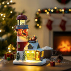 Musical Christmas Village Figurines Lighthouse & Flying Santa Collectibles Building Statues, Battery & USB Christmas Home Decor Gifts Festive Holiday Decorations