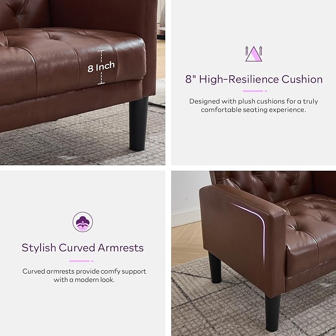 TYBOATLE Accent Chairs Set of 2 Comfy Living Room Chair Leather Tufted Mid Century Modern Accent Chair, Small Cozy Reading Arm Chair for Office, Bedroom (2, Brown)