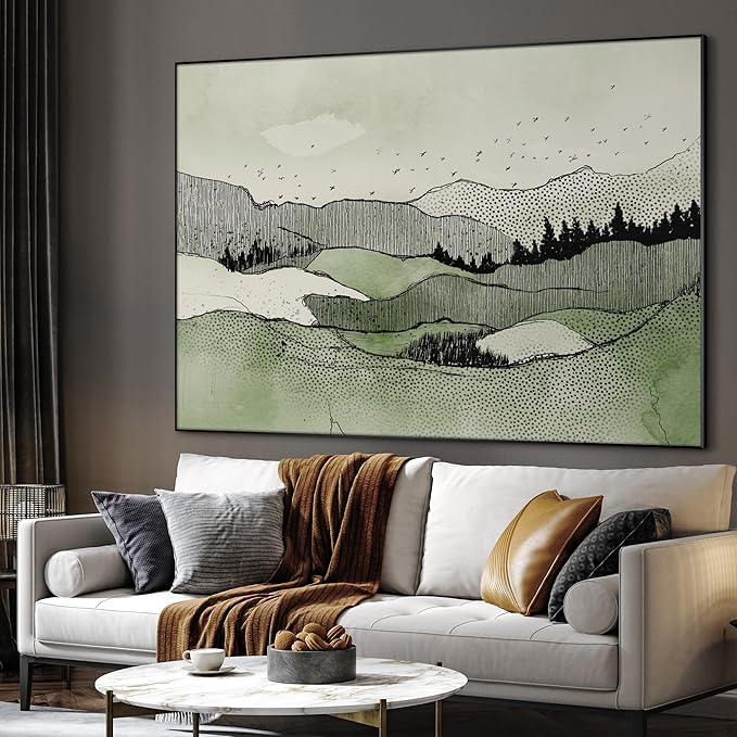 SIGNWIN 46"x60" Extra Large Framed Wall Art Green Line Art Mountain Landscape Illustration for Home Living Room Bedroom Decor (Frame Assembly Required)