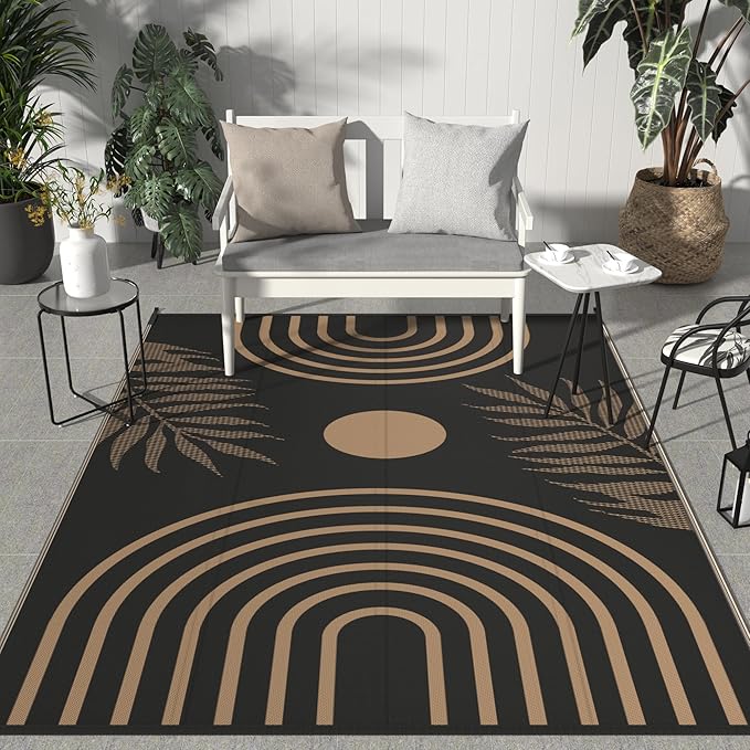 GENIMO Outdoor Rug 9' x 12' Waterproof for Patio Clearance, Reversible Lightweight Plastic Straw Camping Carpet, Large Area Rugs Mats for Rv, Backyard, Deck, Porch, Picnic, Balcony, Mix-Black & Brown