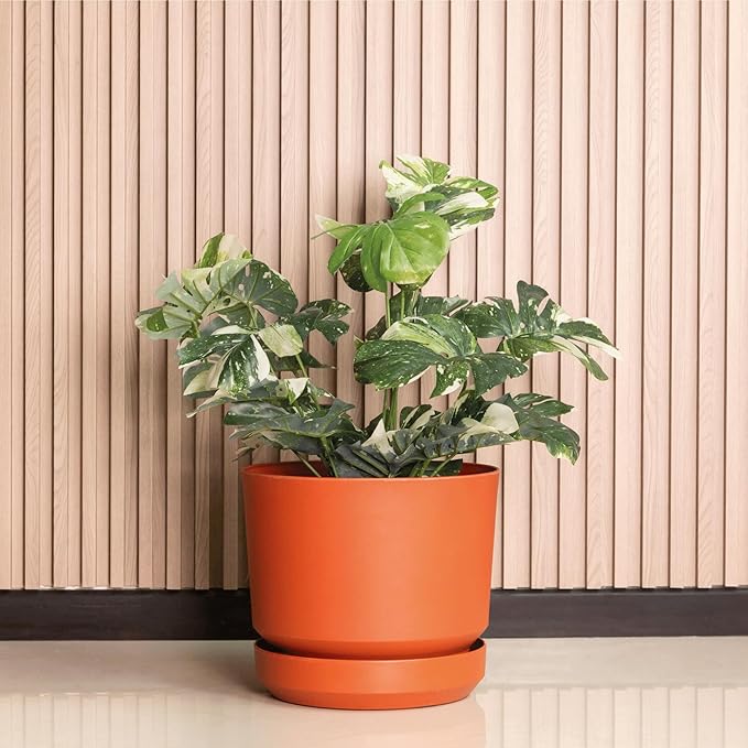 Elly Décor 10 inch Plastic Cylinder Planter Pot with Self-Watering Saucer and Drainage Hole,Lightweight & Extremely Durable, 10"x 10", Terracotta