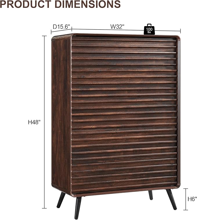 RedLemon 5 Drawers Dresser for Bedroom, 48'' Tall Mid Century Modern Wood Fluted Dresser, Chest of Drawers with Tapered Leg for Bedroom, Living Room, Hallway, Closet, Dark Walnut