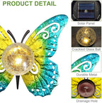 Solar Lights Outdoor Garden Butterfly Decor, Metal Butterfly Statue Decoration with LED Crackle Glass Globe, Solar Powered Lighted Garden Art Decor for Patio Lawn Yard Pathway Tabletop Ground