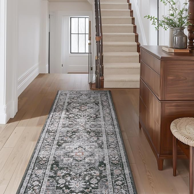 AMOAMI-2X6 Runner Rug-Washable Runners for Hallways-Soft Non Slip Bedside Rugs for Bedroom-Vintage Long Rug for Hallways Entryway Laundry Room Stair Kitchen Bathroom Dark Grey & Black