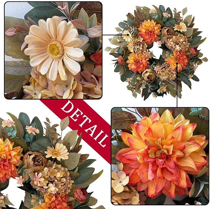 WANNA-CUL 24 Inch Spring Fall Wreaths for Front Door,Fall Wreath with Orange Hydrangea&Peony and Dahlia Flowers-Fall Decoration for Home-Large Fall Decor Door Wreath for Autumn,Harvest