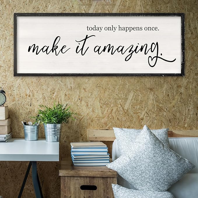 RLWangChao Today Only Happens Once Make It Amazing Wall Art Decor 40x15 Inch Large Inspirational Quote Sign Rustic Living Room Vintage Wood Frame Office Motivational Home Wall Hanging (Black)
