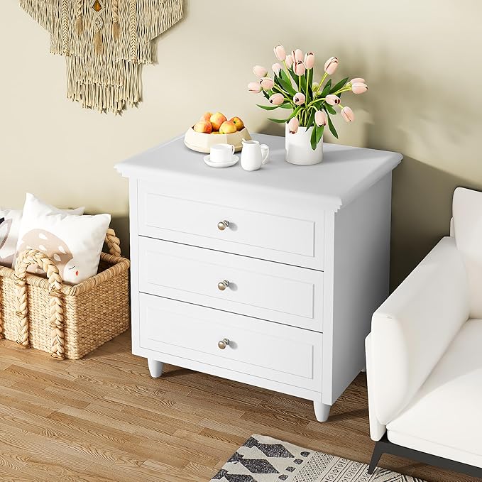 Lamerge White Nightstand with 3 Drawers,Sofa Side Table/End Table,Wooden Legs,Storage Cabinet for Bedroom, Living Room, 15.75" D x 21.65" W x 23.6" H, LWN3