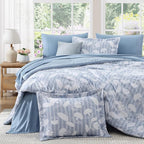 Full Comforter Set -7 Pieces Blue Floral Comforter Set for All Seasons, Bed in a Bag Full with Botanical Flowers Comforter, Sheets, Pillowcases & Shams
