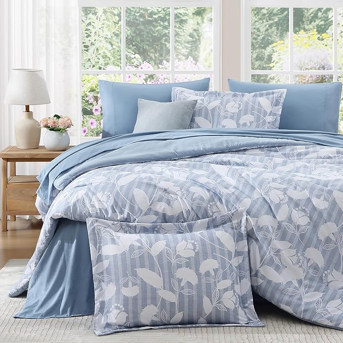 Queen Comforter Set -7 Pieces Blue Floral Comforter Set for All Seasons, Bed in a Bag Queen with Botanical Flowers Comforter, Sheets, Pillowcases & Shams