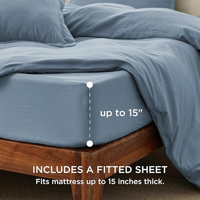 Bedsure Duvet Cover King Size with Fitted Sheet - 4 Pieces Prewashed Cotton-Like Extra Soft Bedding Set, Includes 1 Duvet Cover 104x90 Inches, 2 Pillow Shams, 1 Fitted Sheet, Mineral Blue