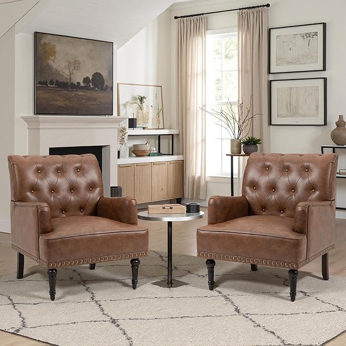 UIXE PU Leather Accent Chairs Set of 2, Modern Upholstered Armchair for Living Room, Comfy Arm Chair Single Sofa Reading Seat with Wooden Legs for Office Home Bedroom - Brown