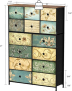 Tohomeor Dresser with Drawers for Bedroom Chest of Drawers Fabric Dresser for Closet,Nursery Entryway Hall Tree TV Stand for Living Room Retro Floral Pattern Drawers Wooden Top (14 Drawers)