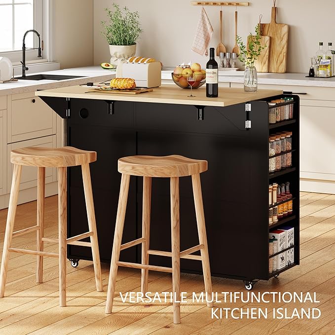 Kitchen Island with Drop Leaf & Power Outlet, Rolling Kitchen Island on Wheels with Trash Can Storage, Island Table Bar Cart with Spice Rack, Towel Rack, Drawers, Mobile Kitchen Carts on Wheels
