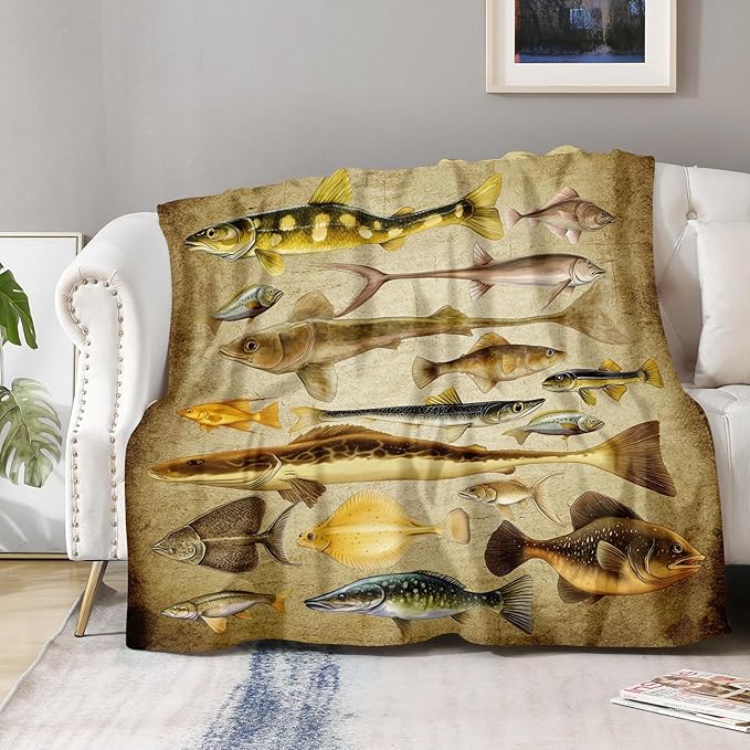 Fishing Blanket Gifts for Fisherman - Fish Lovers Throw for Men Boys Dad Women Adults Bedroom Decor Travel Camping Soft Fleece Cozy Bed Couch Birthday Christmas Lightweight Blanket 50"x60"