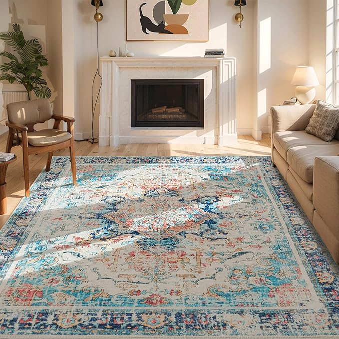 Topllen Washable Area Rug - 5'x7' Boho Living Room Rug, Non-Slip Soft Rugs Indoor for Bedroom Dining Room Office, Vintage Throw Large Carpet Stain Resistance (Multi, 5x7ft)