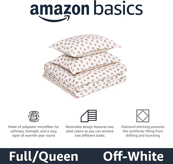 Amazon Basics Lightweight Microfiber Comforter Sets, 3-Pieces, Off White, Floral, Full/Queen