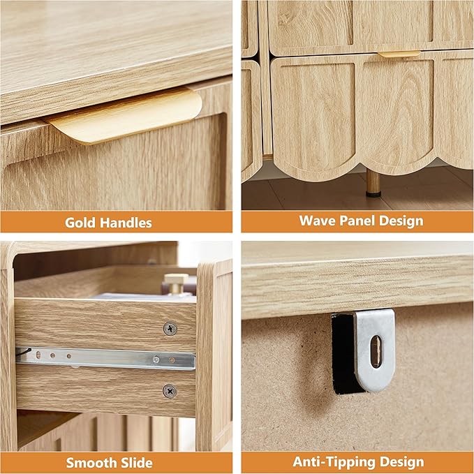 9 Drawer Dresser for Bedroom, Modern Closet Chest of Drawers with Wave Fluted Drawer, Wood Storage Small Dresser Organizer for Nursery Bedroom Living Room Hallway Closet (Natural)