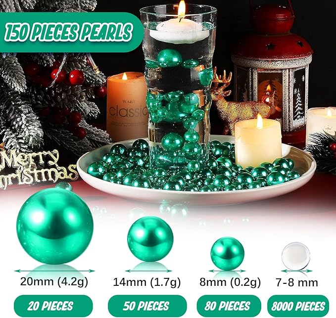Green Vase Filler | 150PCS Pearls Bead for Centerpieces Vases | 8/14/20 mm No Hole Beads, Fake Pearls for Wedding Birthday St. Patrick's Day Theme Party Table Centerpieces Decor