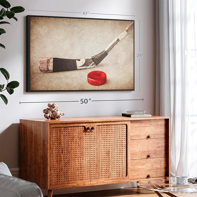 Elephant Stock Vintage Ice Hockey Wall Art - Horizontal Framed Canvas - 1-Piece Hallway Wall Decor - Photography Sports Canvas Print - Brown and Beige Decor for Wall - 43" X 29"