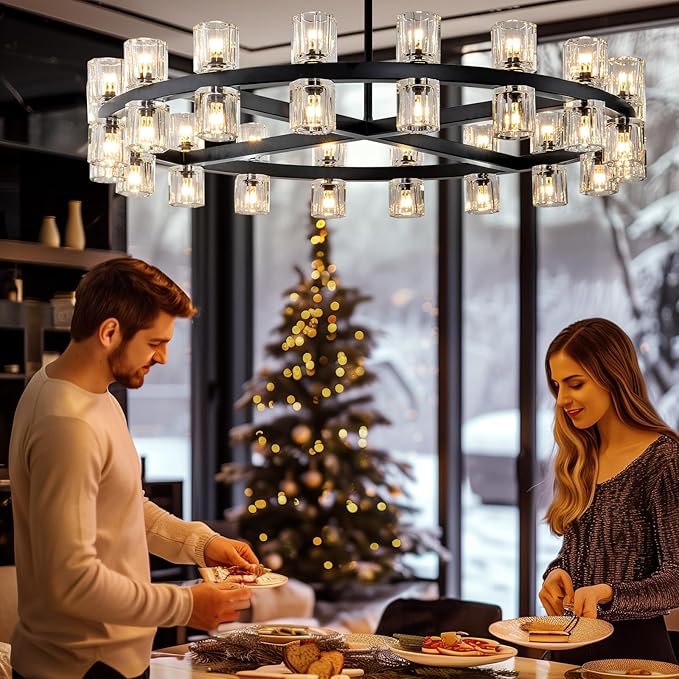 Modern Black Crystal Chandelier,36" K9 Crystal Chandeliers for Dining Room Over Table,Wagon Wheel Chandeliers for Dining Room,Living Room,Foyer,Includes 36XG4 Bulbs