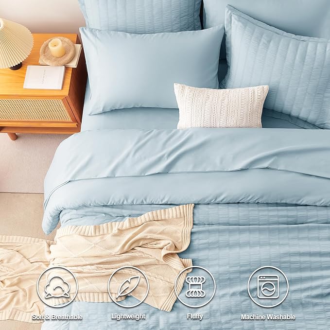 CozyLux Queen Comforter Set Light Blue Seersucker 7 Pieces Bed in a Bag Queen Comforter Set with Sheets Luxury Soft Bedding Set with Down Alternative Comforter, Sheets, Pillowcases & Shams All Seasons