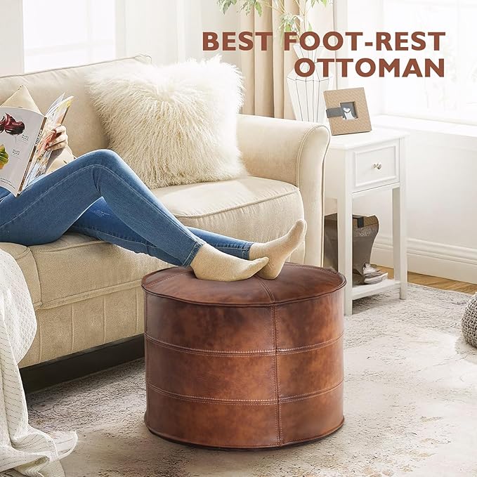 Leather Ottoman,Handmade Stuffed Square Ottoman,Genuine Leather Pouf, Foot Rest Pouf,Comfortable Soft Seating for Living Room & Bedroom (Brown, Round)