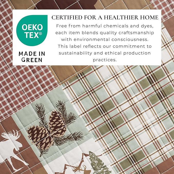Rustic Cabin King Size Quilt Set with Shams - All-Season, Lightweight, Reversible Bedspread - Lodge-Themed Summer Bedding Sets (King/California King, Hemlock Green/Brown)