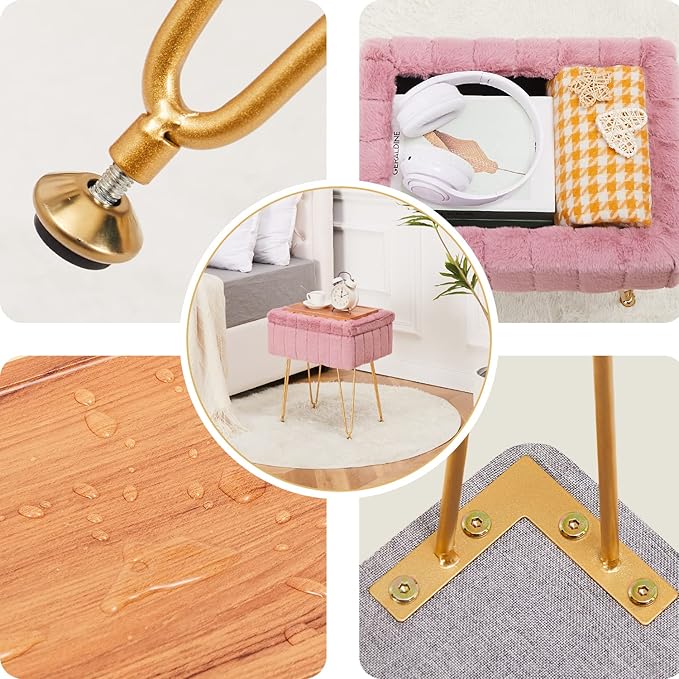 Wimarsbon Faux Mink Fur Storage Ottoman, Modern Soft Footstool, Storage Bench with Metal Legs, Vanity Seat, Fur Stool, Ottoman Coffee Table, Makeup Chair, Vanity Stools for Bedroom (Pink)