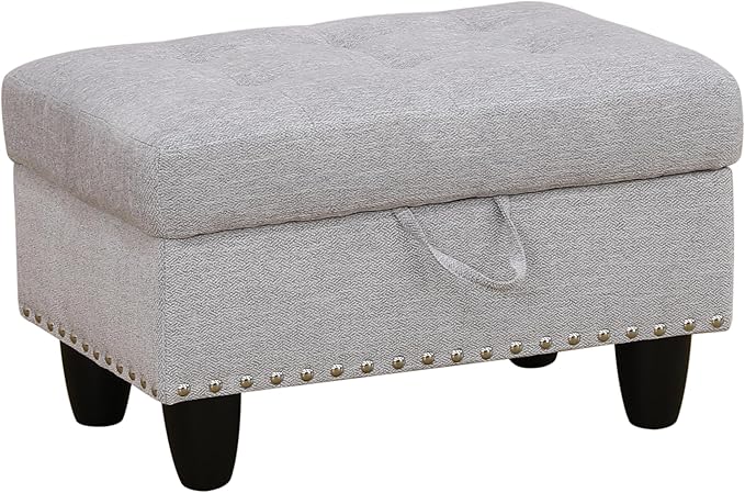Ottoman Rectangular Storage Ottoman Bench, Flannel Footrest Stool Footstool with Lid for Living Room, Bedroom, Entryway, Gray White, 28.5"x19"x17.5"