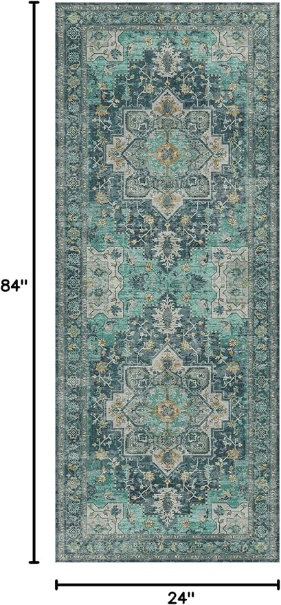 GENIMO 2x7 Runner Rugs for Hallway, Machine Washable Non Slip Vintage Rugs, Low Pile Lightweight Soft Print Rug for enrtyway, Corridor, Home Office, Kitchen, Dark Green