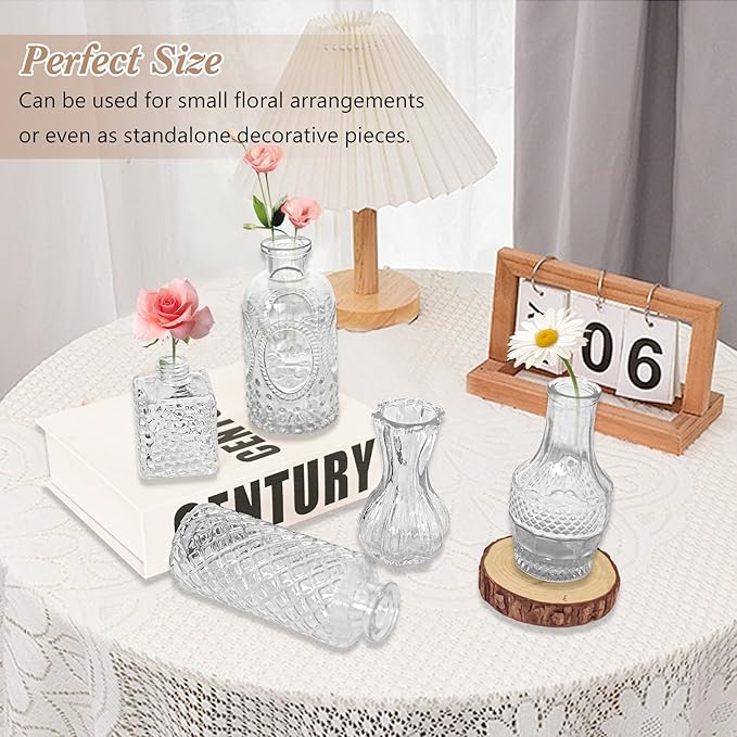 Set of 40 Glass Bud Vases, Small Clear Glass Vases in Bulk, Mini Vintage Embossed Flower Vase for Wedding, Centerpieces, Birthday Party, Baby Shower, Home Table Decorations (Clear)