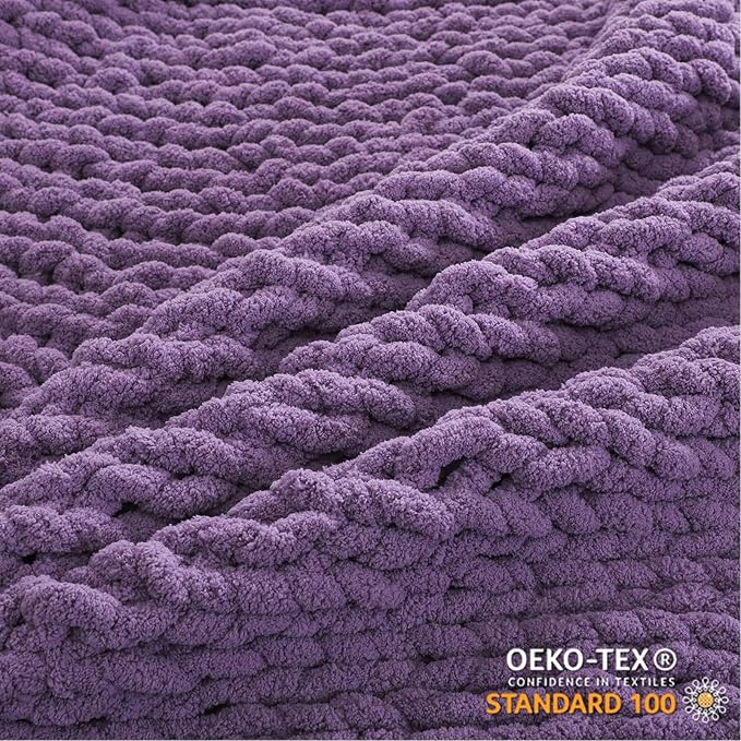WESHIONGOO Chunky Knit Blanket Throw Knitted Throw Blankets for Couch Bed Fluffy Soft Blanket with Jumbo Chenille Yarn Thick 100% Handmade (Purple, 50"×60")