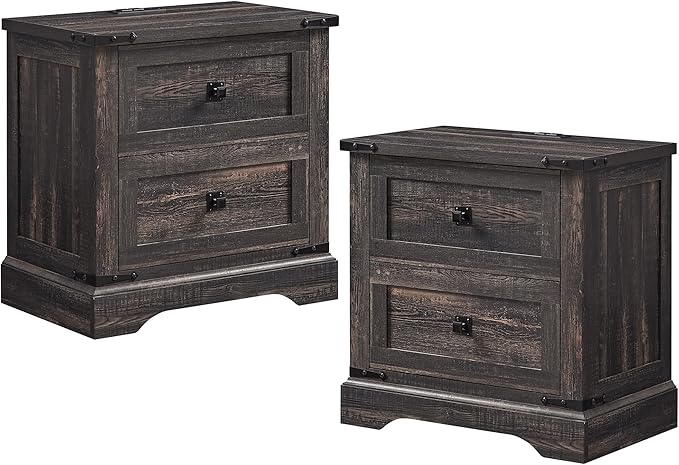 T4TREAM 24" Farmhouse Nightstand with Charging Station Set of 2, Large End Table with 2 Storage Drawers, Rustic Wood Sofa Bedside Table for Bedroom, Dark Rustic Oak