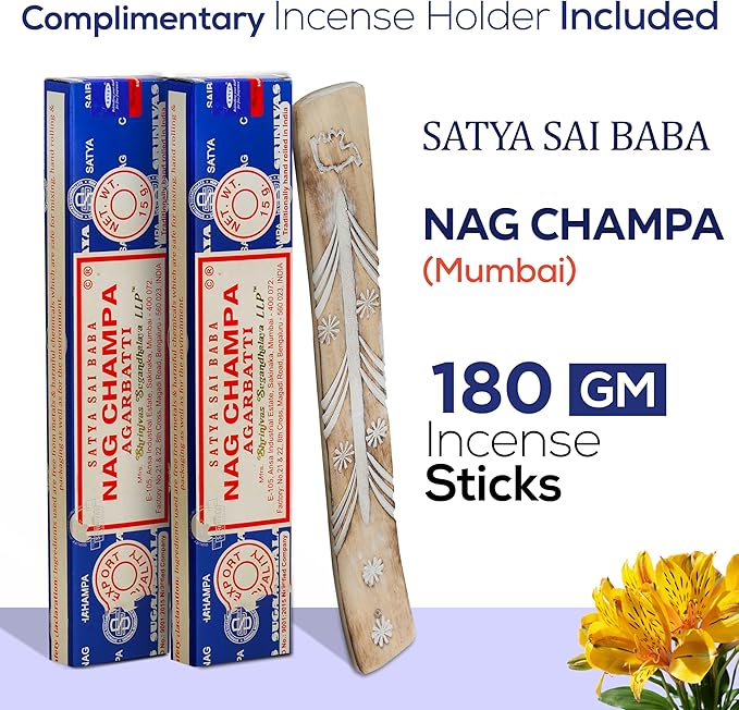 Satya Nag Champa Incense Sticks, Satya sai Baba Insenses 15gmx12 Pack with Raajsee Incense Holder Bundle, Satya Nag Champa Natural Incense 180 gm