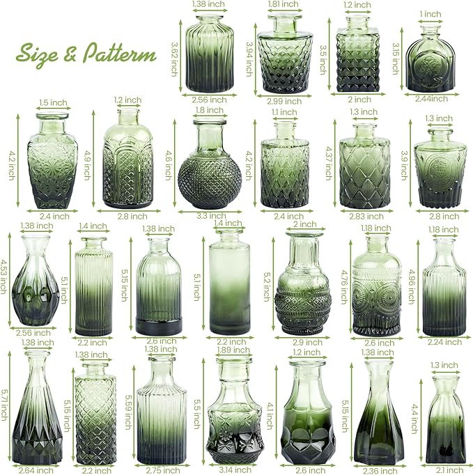 Glass Bud Vase Set of 24, Small Green Flower Vases for Centerpieces in Bulk, Mini Vintage Vase for Wedding Decor, and Home Table Décor