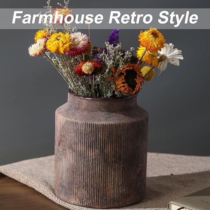 Farmhouse Vase for Home Decor, Vintage Rustic Terracotta Flower Vase Suitable for Home Decor, Living Room, Shelf, Dining Table. 7IN （Red Rust Color）