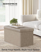 SONGMICS Mazie Collection - 30 Inches Folding Storage Ottoman Bench, Ottoman with Storage, Foot Rest Stool, Load 660 lb, for Living Room, Synthetic Leather, Camel Brown ULSF040R01