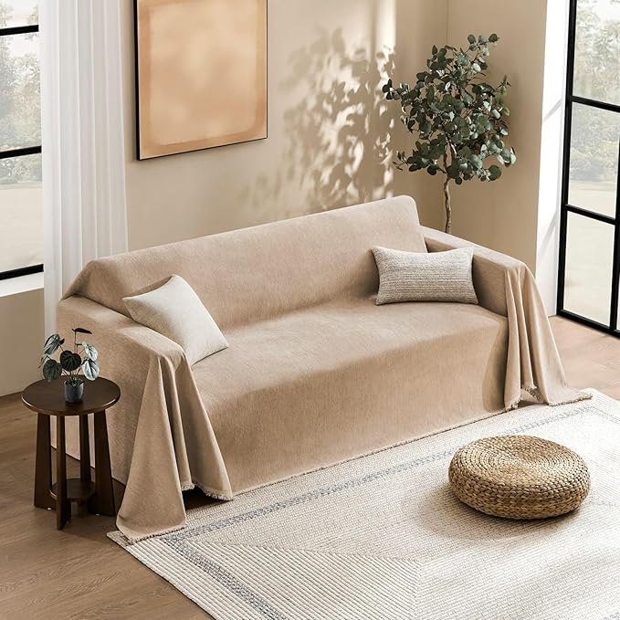 Couch Cover for Dogs Sectional Sofa Covers Washable for 3 Cushion Couch, Chenille Couch Cover Blanket, Sectional Sofa Slipcovers, Multi-Use Furniture Protector for Kids, Pets, 91" X150", Sand
