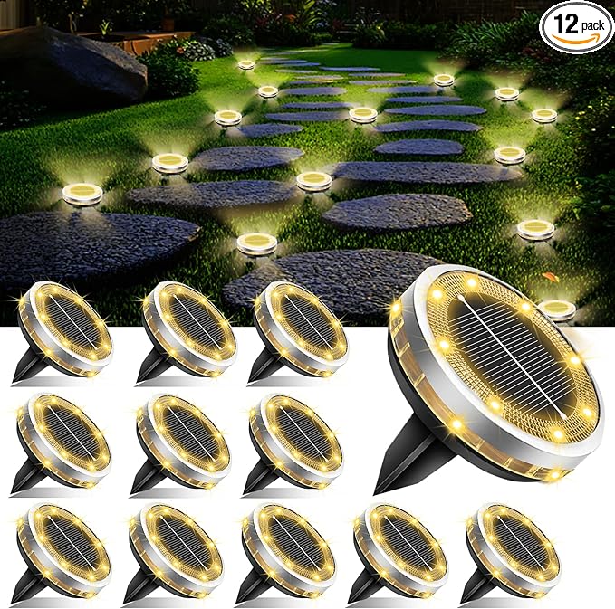 Solar Ground Lights Outdoor 12 Pack Waterproof, Upgraded Solar Garden Lights with 4 Side Light, Stainless Steel Solar Powered Disc Landscape Light for Walkway Pathway Lawn Yard Patio Deck-Warm White