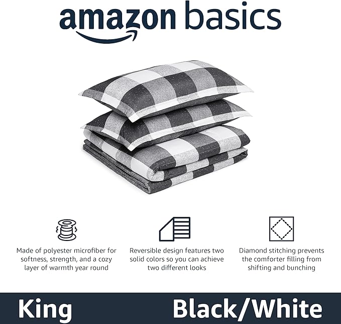 Amazon Basics Lightweight Microfiber Comforter Sets, 3-Pieces, Black/White, Checkerboard, King