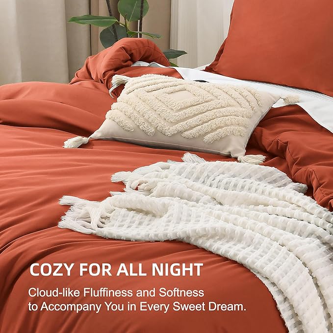 Litanika Comforters Burnt Orange Oversized Queen Size, 3 Pieces Lightweight Solid Bedding Comforter Set, All Season Fluffy Bed Set (98x98In Comforter & 2 Pillowcases)