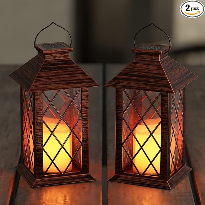 Solar Lanterns Outdoor, Waterproof Garden Hanging Lanterns,13" Outdoor Decorative Lantern with LED Flickering Flameless Candles, Vintage Lantern for Porch, Yard,Patio Decor