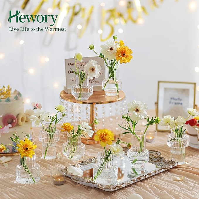 Hewory Ribbed Bud Vases for Centerpieces: Set of 16 Small Clear Glass Vase for Bridal Baby Shower Home Decor - Modern Table Decoration for Wedding & Event Planners