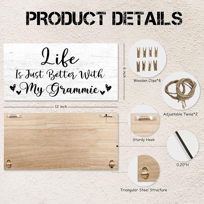 Grammie Gifts Picture Frame Photo Holder for Wall, Birthday Gifts for Grammy Grandma, Thank You Grandmother Gift from Grandchildren Grandkids Hanging Photo Display