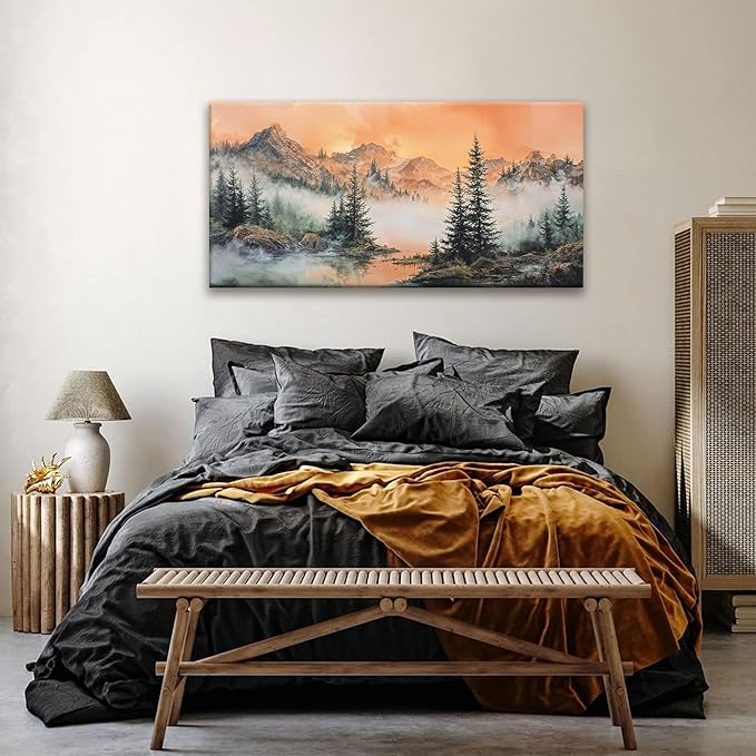 Tsomzxng Large Mountain Wall Art For Living Room Canvas Art Wall Decor For Office Wall Decorations Picture For Bedroom Forest River Landscape Prints Paintings Modern Pictures Artwork 24 X 48 In