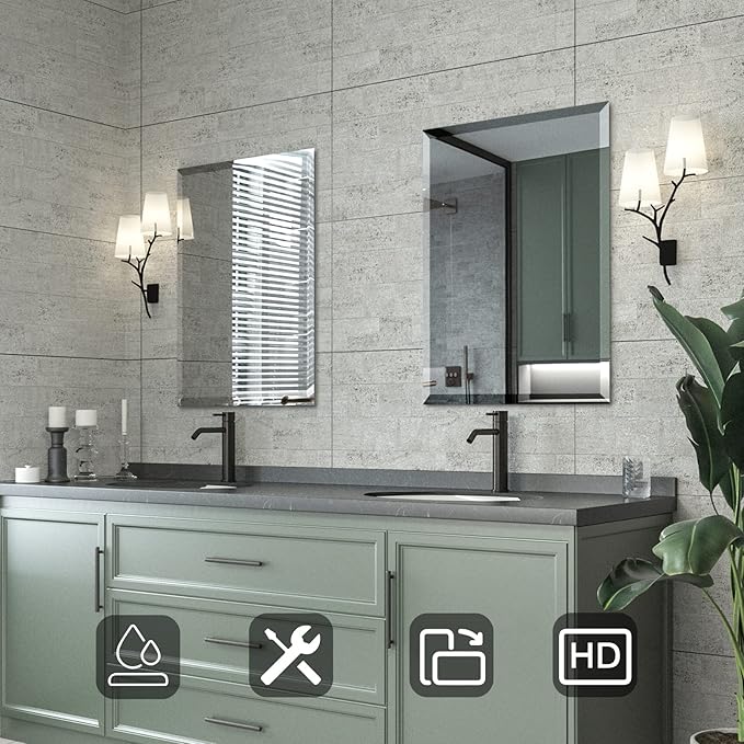 Mirrorons Beveled Mirror, Bathroom Mirrors for Wall 20" x 28", Frameless Rectangle Bathroom Mirror with Beveled Edge, Hangs Horizontally or Vertically, Upgraded Packing